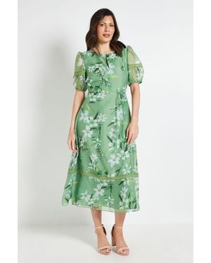 Wallis Floral Organza Lace Insert Midi Dress - Green