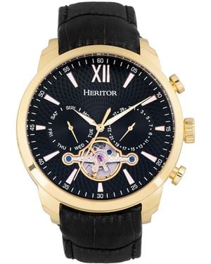 Heritor Arthur Semi-Skeleton Leather-Band Watch W/ Day/Date - Multicolour