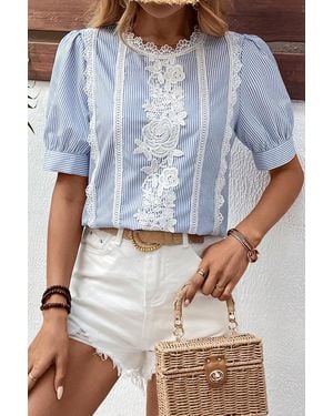 Azura Exchange Lace Trim Short Sleeve Blouse - Blue