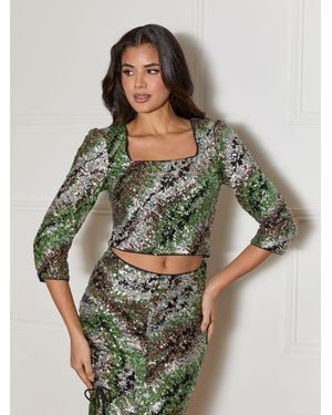 Chi Chi London Long Sleeve Sequin Top - Green