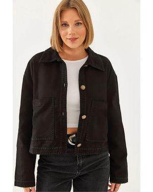 Bianco Lucci Embroidered Cropped Woven Jacket With Shirt Collar - Black