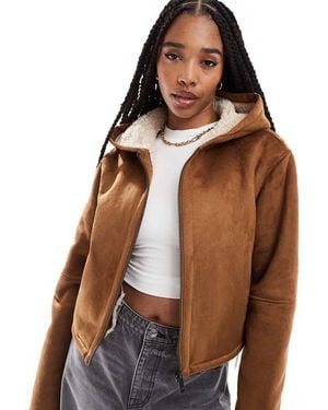 ASOS Design Hooded Shearling Jacket - Brown
