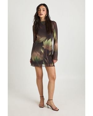 Boohoo Floral Mesh Flare Sleeve Mini Dress - Black