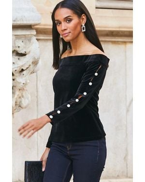 Sosandar Velvet Embellished Sleeve Bardot Top - Blue