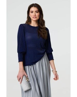 Izabel London Sparkly 3/4 Puff Sleeve Mesh Top - Blue