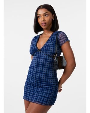 Pink Vanilla Check Cap Sleeve Mini Dress - Blue