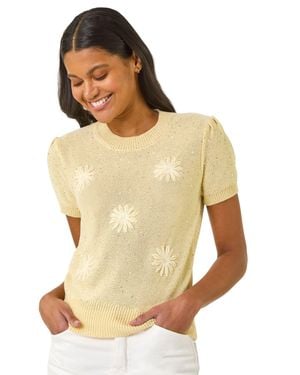 Roman Daisy Sequin Embroidered Knit Top - Yellow