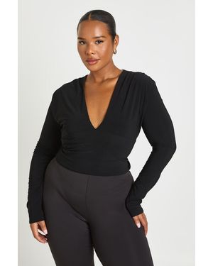 Boohoo Plus Deep Plunge Long Sleeve Top - Black