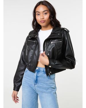 Pink Vanilla Pocket Detail Pu Cropped Bomber Jacket - Blue