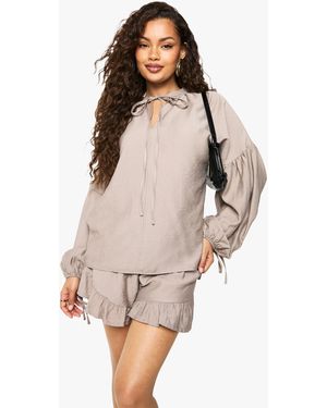 Boohoo Linen Frill Sleeve Blouse - Natural