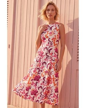 Roman Floral Pleated A-Line Midi Dress - Red