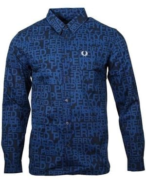 Fred Perry All-Over Logo Shaded Cobalt Long Sleeve Shirt - Blue