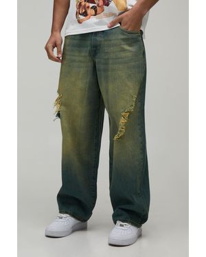 BoohooMAN Adjustable Waist Tinted Ripped Super Baggy Jeans - Green