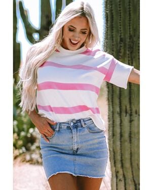 Azura Exchange Stripe Dropped Short Sleeve Lightweight Knitted Top Viscose - Pink