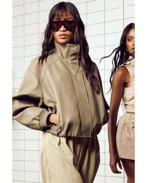 Boohoo Funnel Neck Zip Pockets Faux Leather Jacket - Green