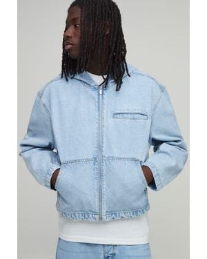 BoohooMAN Essential Boxy Oversized Zip Through Denim Hoodie - Blue