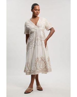 Karen Millen Plus Size Cotton Linen Cornelli Embroidery Open Back Woven Midi Dress - Natural