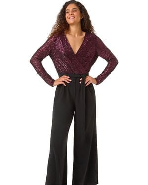 Roman Sequin Wrap Wide Leg Stretch Jumpsuit - Red