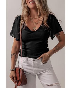 Azura Exchange Ribbed Knit Top Flutter Sleeves - Black