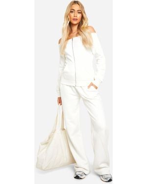 Boohoo Loopback Bardot Off The Shoulder Zip Through Sweatshirt And Straight Leg Jogger - White