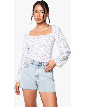 Boohoo Ditsy Milkmaid Long Puff Sleeve Top - White