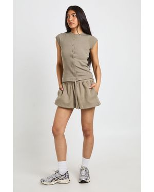 Boohoo Tall Ribbed Button Through Cap Sleeve Top And Short Tracksuit - Natural
