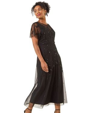 Roman Petite Embroidered Mesh Layered Dress - Black