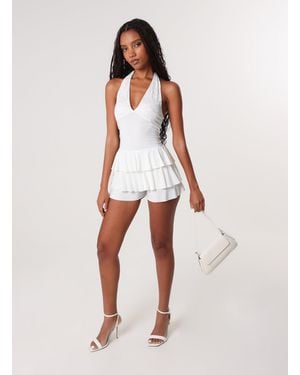 Pink Vanilla Lace Halter Neck Ruffle Playsuit - White