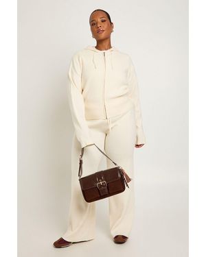 Boohoo Plus Super Soft Rib Knitted Zip Through Hoody And Trouser Co-Ord - Natural