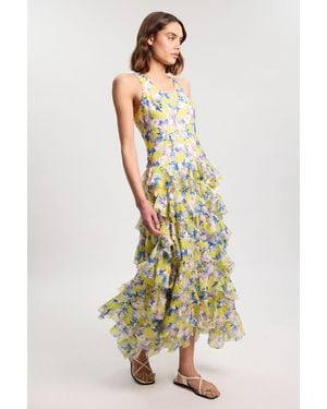 Karen Millen Crinkle Georgette Ruffle Detail Woven Maxi Dress Lyocell - Multicolour