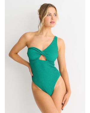 Gini London Groen Twist Front One Shoulder Badpak Met Textuur - Blauw