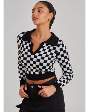 Pink Vanilla Notch Collar Chequered Top - Black
