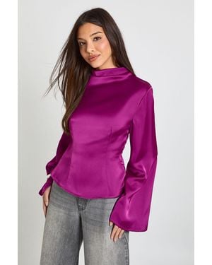 Boohoo High Cowl Flare Sleeve Satin Blouse - Purple