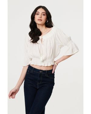 Izabel London Textured Bardot Ruched Crop Top - White