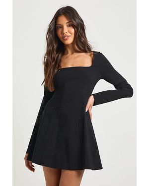 Boohoo Bengaline Square Neck Godet Hem Skater Dress - Black