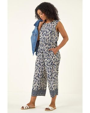 Roman Petite Printed Cropped Jumpsuit - Blue