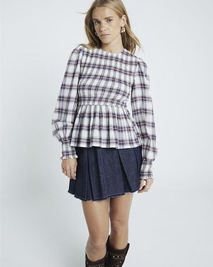 River Island Top Shirred Checked Cotton - Blue