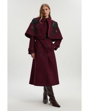 Karen Millen Brushed Wool Pu Mix Placed Floral Embroidery Applique Tailored Cape Full Skirted Midi Coat