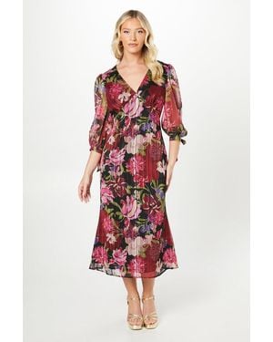 Debut London By Coast V Neck Blouson Sleeve Satin Midi Dress - Red