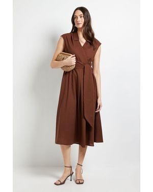 Wallis Linen Blend Belted Midi Dress - Brown