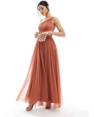 LACE & BEADS Bridesmaid One Shoulder Maxi Dress - Red