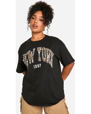 Boohoo Plus Leopard New York Oversized T-Shirt - Black