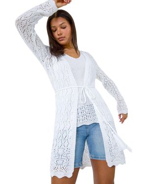 Roman Pointelle Knit Longline Tie Detail Cardigan - Blue