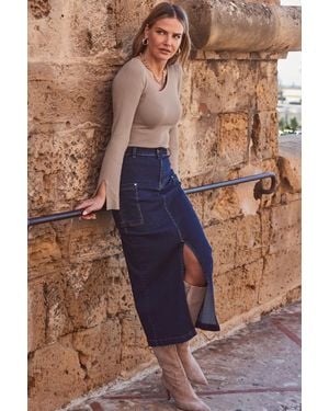Sosandar Dark Denim Cargo Midi Skirt - Brown