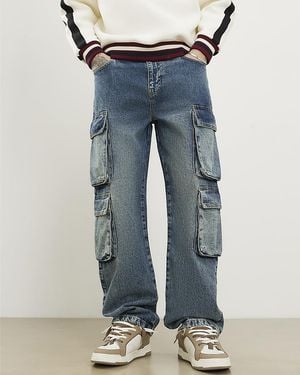 River Island Cargo Jeans Loose Fit Elasticated Cotton - Blue