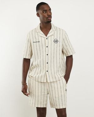 River Island Shirt Cream Short Sleeve Textured Pinstripe - Natural