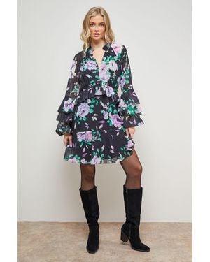 Oasis Printed Fluted Sleeve Ruffle Detail Mini Dress - Blue
