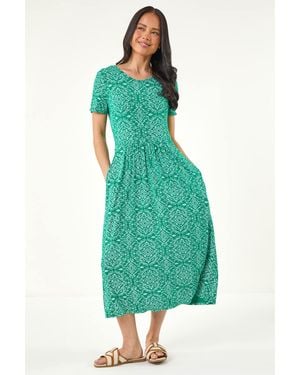 Roman Petite Aztec Gathered Waist Midi Dress - Green