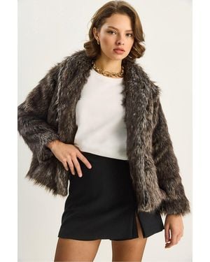 Bianco Lucci Faux Fur Cropped Open Collar Coat - Grey
