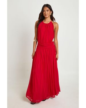 Boohoo High Neck Dropped Waist Backless Halter Maxi Dress - Red